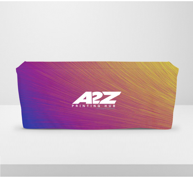 Fitted table covers with open back 3 sided - Premium printing and custom designs for businesses and events.