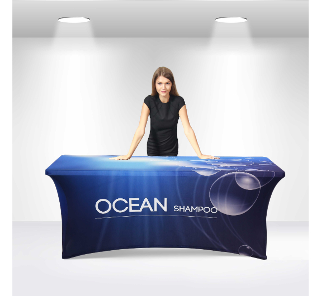 Stretch table covers with open back 3 sided - Premium printing and custom designs for businesses and events.
