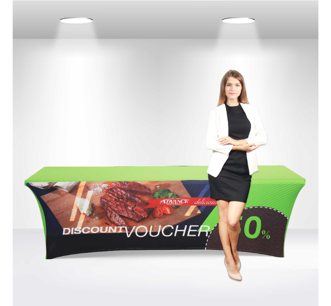 Stretch table covers with open back 3 sided - Premium printing and custom designs for businesses and events.