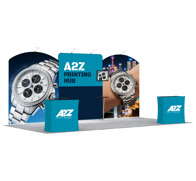 Image of 10 ft x 20 ft Curved Trade Show Booth With Dual Curved Backdrop and Podium