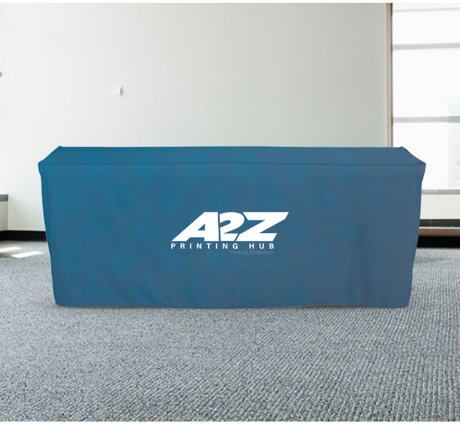 Fitted table covers with open back 3 sided - Premium printing and custom designs for businesses and events.