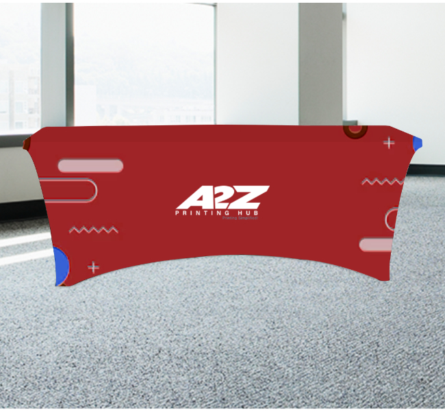 Stretch table covers with open back 3 sided - Premium printing and custom designs for businesses and events.